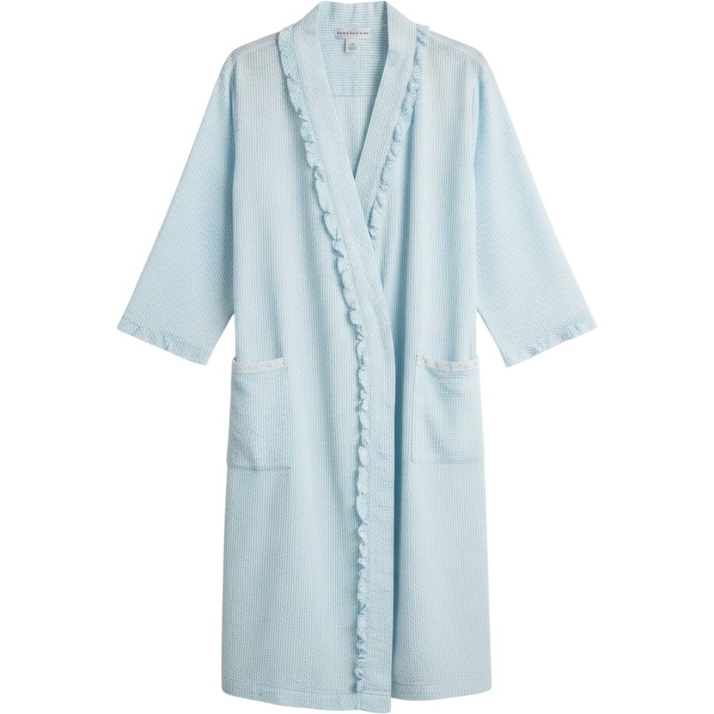 Miss Elaine Seersucker Robe Womens S Blue White Striped Ruffle Embroidered